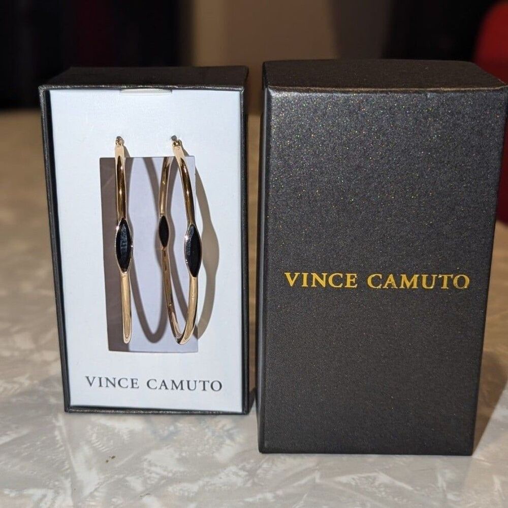 Vince Camuto NIB Gold Hoop Earrings with Black Embossed Design